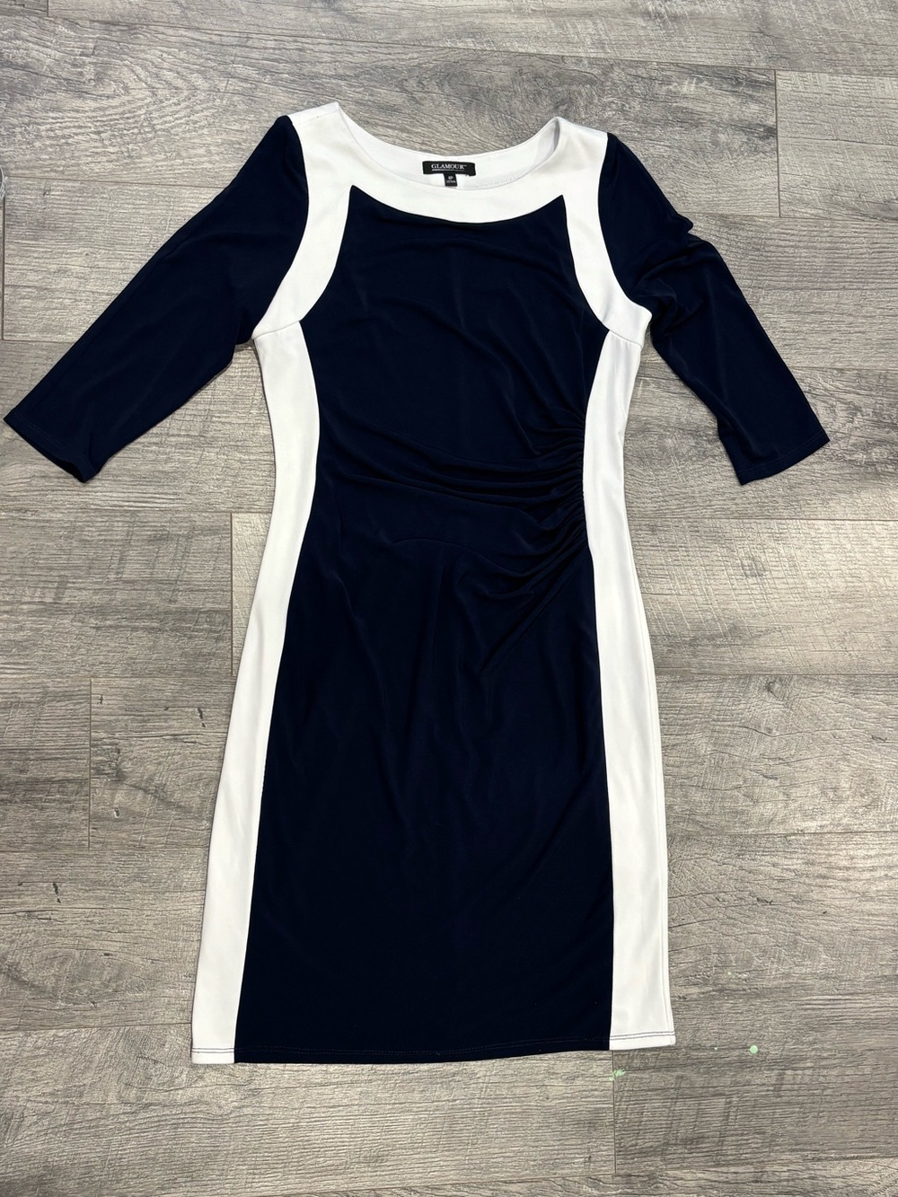 Glamour Colorblock Ruched Sheath Dress Women's 4P Navy White 3/4 Sleeve Lined